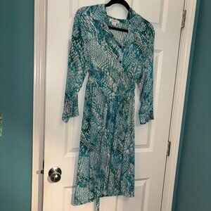 Liz Claiborne Tie-Front Stretch Shirt Dress Teal Print XL
